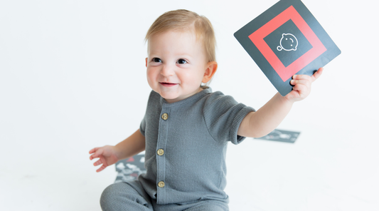 Toddler holding baby geometrics high contrast flashcard and loving them.