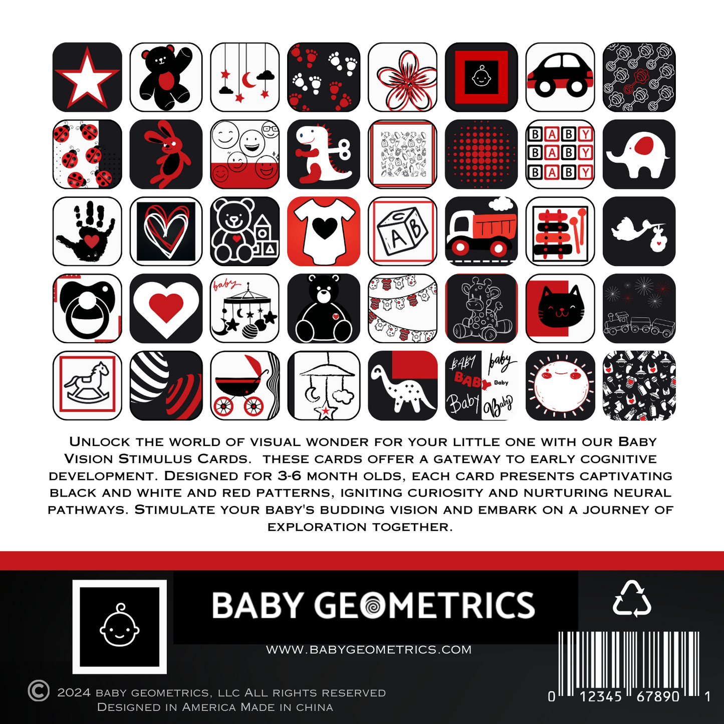 Baby Geometrics Flashcards Set 2, featuring bold black,white and red designs, scientifically designed to stimulate infant visual development and encourage focus during early learning stages. Baby Flashcards Set 2