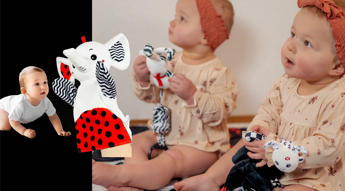 Baby twins engaging with a black and white high-contrast hand puppet from Baby Geometrics. The visually stimulating puppet captures their attention, supporting early visual development, focus, and cognitive growth.