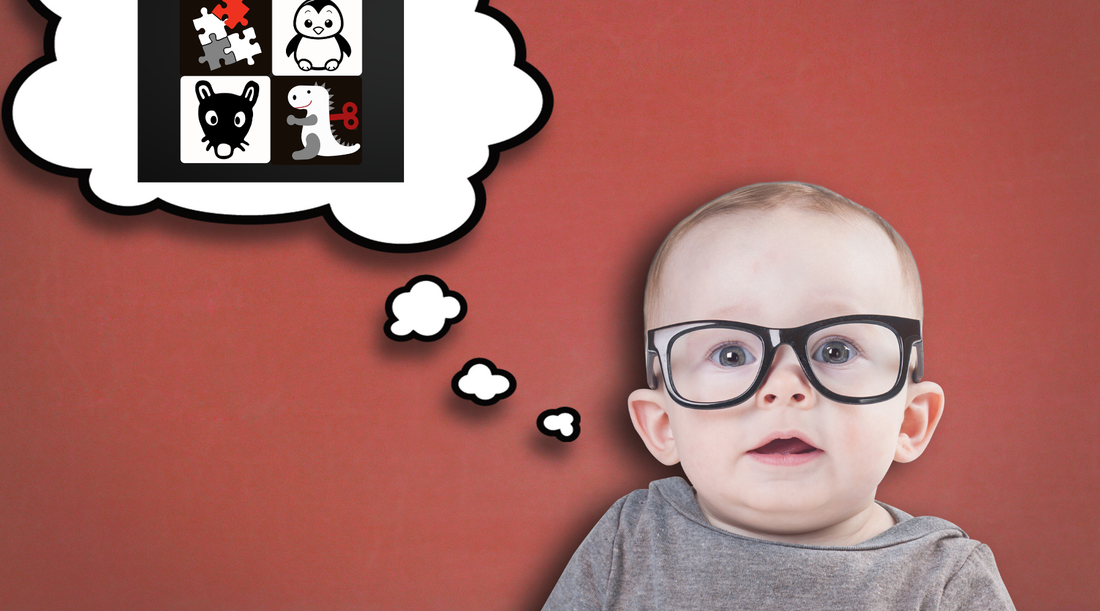 High Contrast Visuals Support Baby's Cognitive Development a picture of a baby with a thinking cloud and thinking how high contrast baby products support baby development.