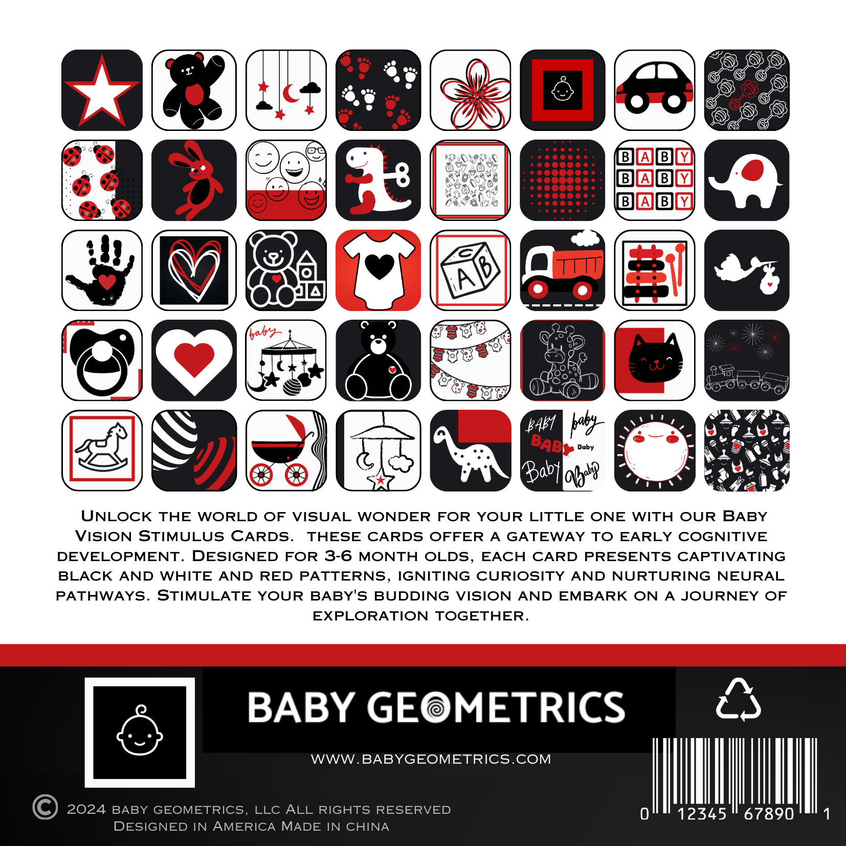 Baby Geometrics Flashcards Set 2, featuring bold black,white and red designs, scientifically designed to stimulate infant visual development and encourage focus during early learning stages. Baby Flashcards Set 2