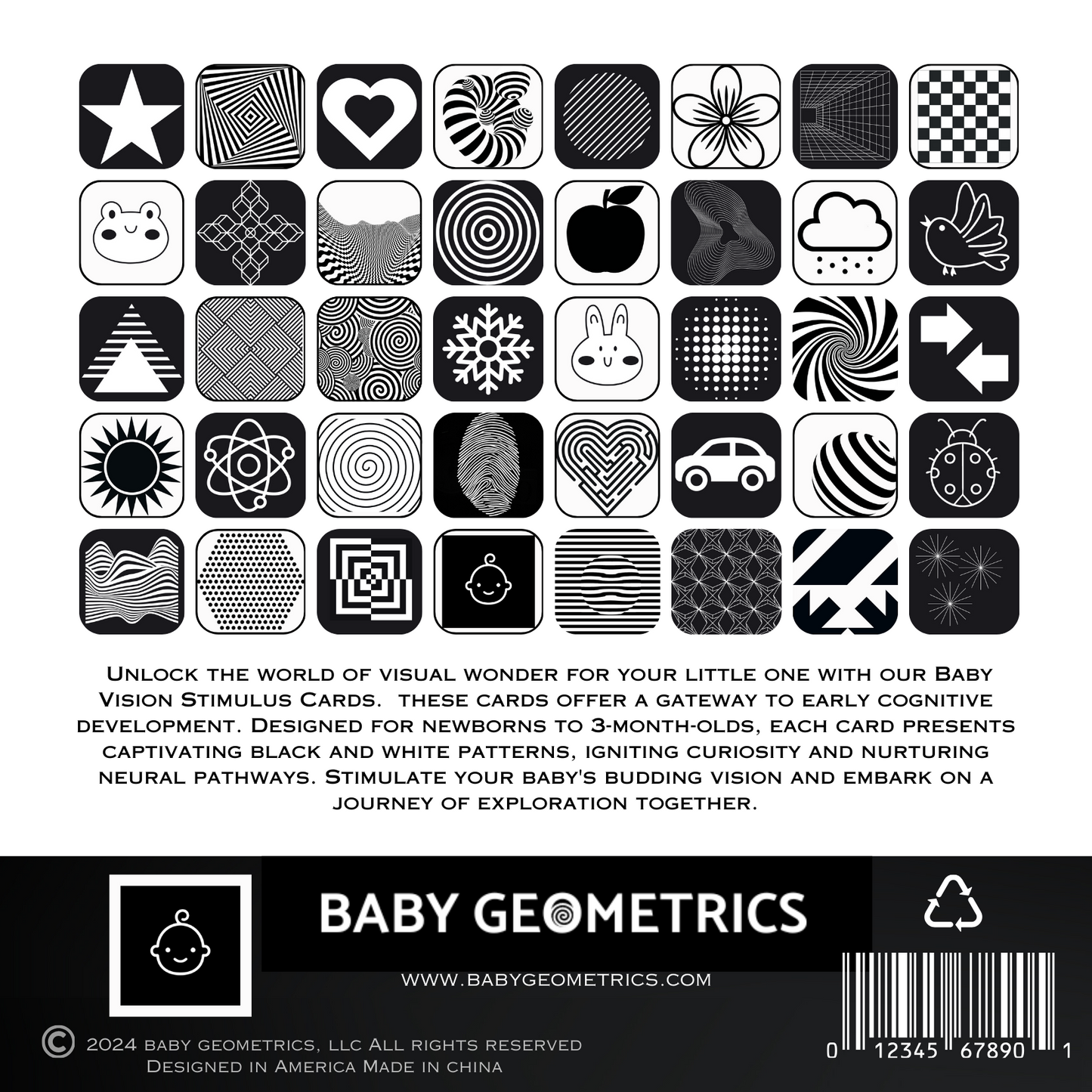 Baby Geometrics Flashcards Set 1 featuring bold black-and-white patterns, scientifically designed to stimulate infant visual development and encourage focus during early learning stages.